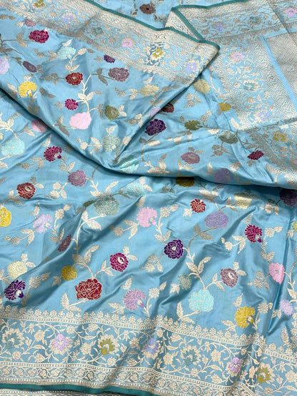 Sky Blue Pure Double Katan Silk & Mulberry Silk | Kadhwa Weave | Handwoven  Authentic Banarasi Saree