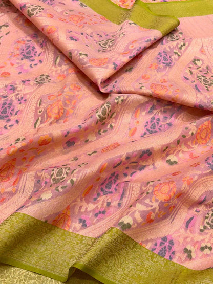 Mauve Pink Pure Kora Mulberry Silk Ektara Weave Jamdani Handloom Banarasi Saree