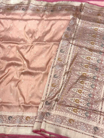 Peach Pure Katan Silk Saree | Kadhwa + Tanchoi Weave | Pure Mulberry Silk Handwoven Banarasi Silk Saree