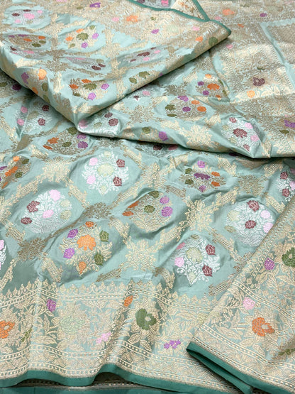 Light Sea Green Pure Double Mulberry Katan Silk | Kadhwa Technique | Handwoven Banarasi Saree - New Era Of Saree Glamour