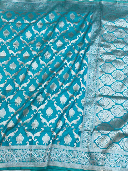 Aqua Blue Handloom Banarasi Saree | Pure Mulberry Katan Silk Banarasi Saree