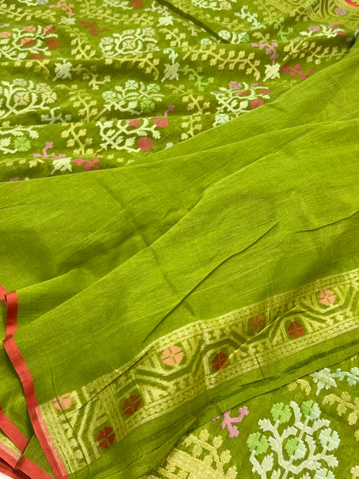 Green Pure Muslin Cotton Jamdani Handloom Banarasi Saree |Ektara Weave|