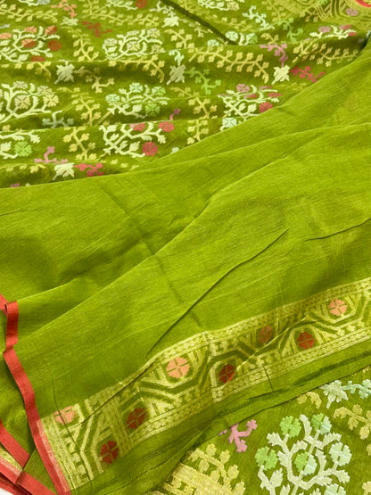 Green Pure Muslin Cotton Jamdani Handloom Banarasi Saree |Ektara Weave|
