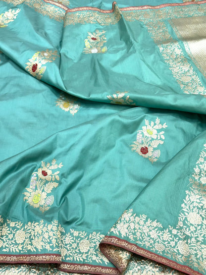 Sea Green Pure Katan Mulberry Silk Handwoven Banarasi Saree - Kadhwa Technique