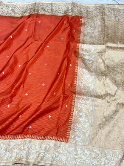 Rustic Orange Handwoven | Kadhwa + Kadhiyal Technique | Banarasi Saree - Pure Mulberry Double Katan Silk Ektara Banarasi Saree