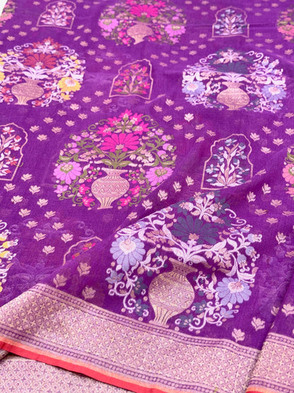 Lavender Muslin Cotton Jamdani Ektara Weave Handloom Banarasi Saree