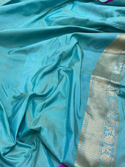 Aqua Blue Pure Mulberry Katan Silk Handloom Banarasi Saree
