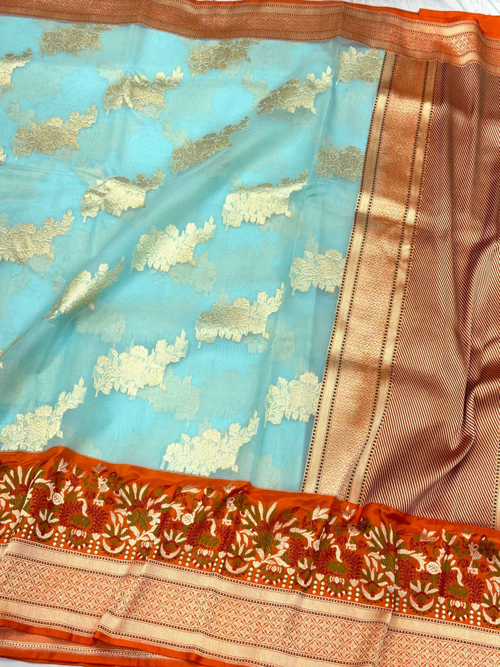 Sky Blue/Orange Pure Kora Silk Modern Handwoven Banarasi Saree-Kadhuwa Weave