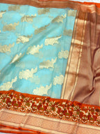 Sky Blue/Orange Pure Kora Silk Modern Handwoven Banarasi Saree-Kadhuwa Weave