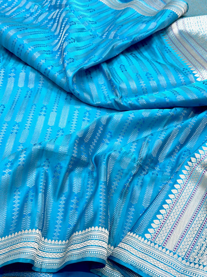 Sky Blue Pure Satin Silk | Kadhwa + Tanchoi Weave | Handwoven Contemporary Banarasi Saree