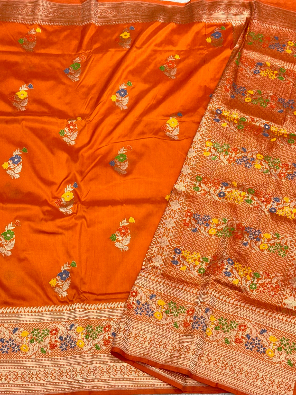 Orange Pure Mulberry Katan Silk Handwoven Banarasi Saree - Kadhwa Weave