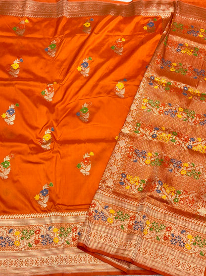 Orange Pure Mulberry Katan Silk Handwoven Banarasi Saree - Kadhwa Weave