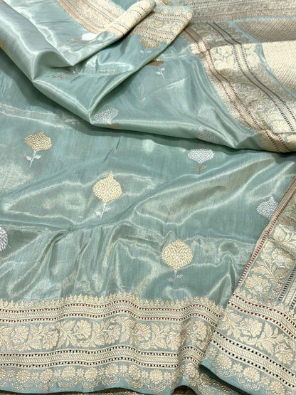 Pastel Aqua Green Handwoven | Kadhwa Technique | Pure Katan Tissue Silk Authentic Banarasi Saree
