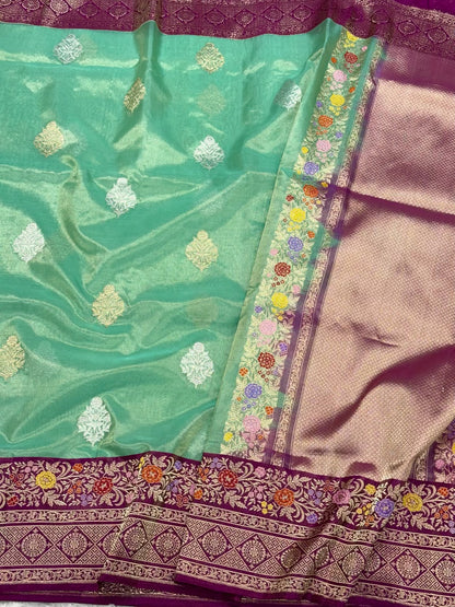 Sea Green Pure Kora Tissue Silk Handwoven Banarasi Silk Saree | Katan Silk Border & Blouse