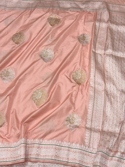 Peach Pure Mulberry Katan Silk Handwoven Banarasi Saree - Kadhwa + Ektara Weave