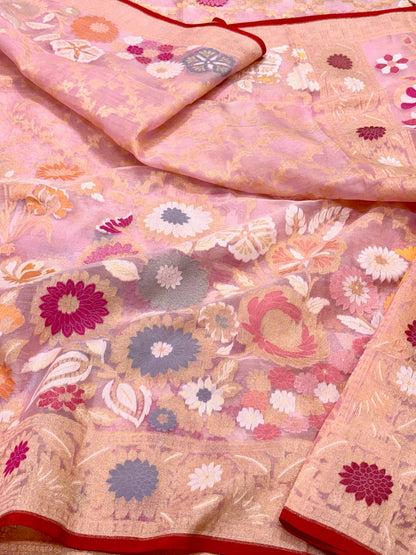 Baby Pink Pure Mulberry Kora Silk | Ektara Technique | Jamdani Handloom Contemporary Banarasi Modern Saree