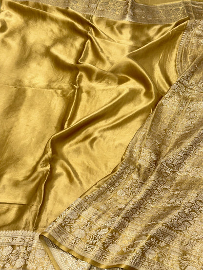 Gold Pure Mashru Satin Silk Handwoven Banarasi Saree