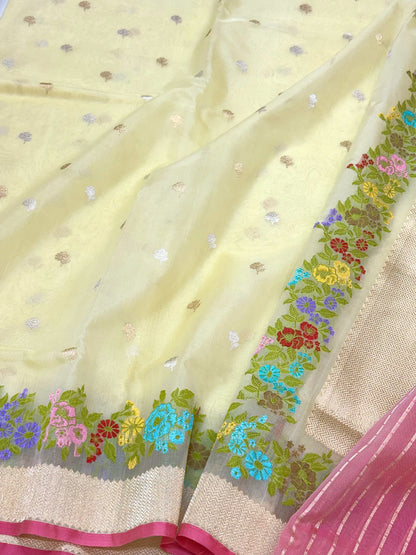 Light Lemon Yellow Pure Mulberry Kora Silk Handwoven | Kadhwa Technique | Banarasi Saree - The Luxe Drape