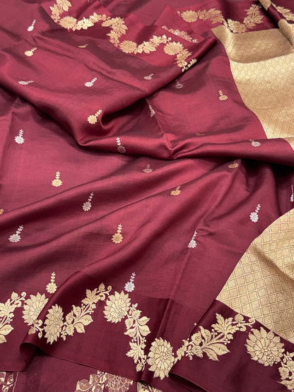 Wine Pure Raw Mango Silk Handwoven Banarasi Saree