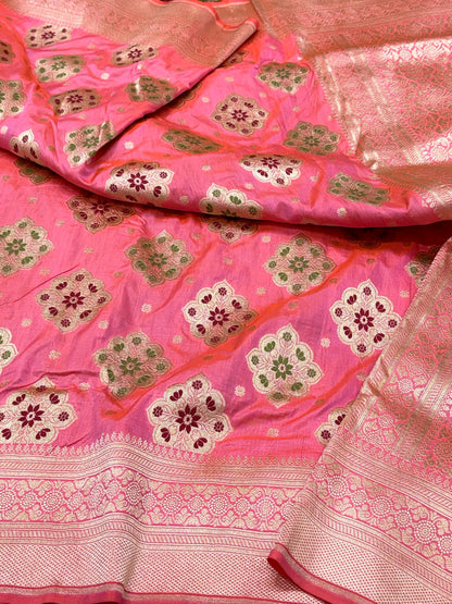 Peach Pink Pure Katan Mulberry Silk Handloom Authentic Banarasi Saree - Meenakari