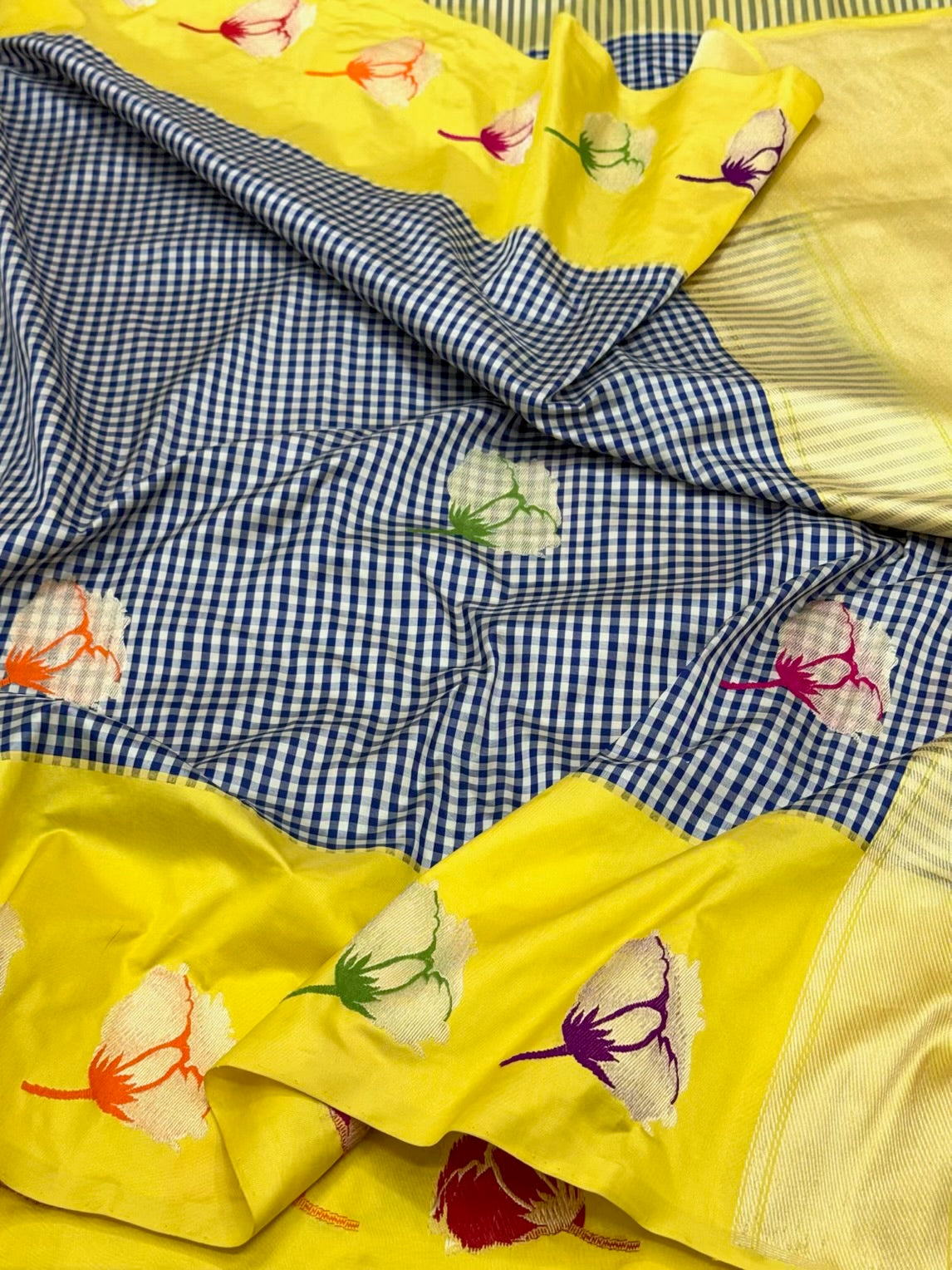 Navy Blue/ Yellow Pure Katan Mulberry Silk - Kadhwa Weave Handwoven Contemporary Banarasi Saree