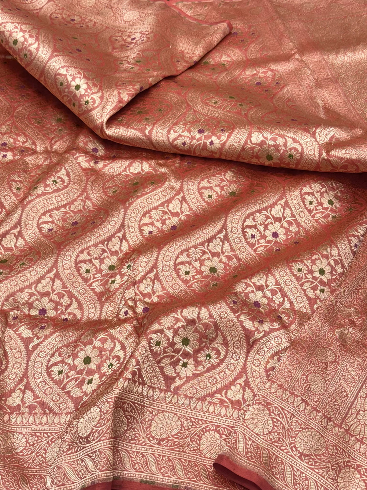 Peach Pure Mulberry Silk & Pure Katan Silk Handloom Banarasi Saree - Brocade