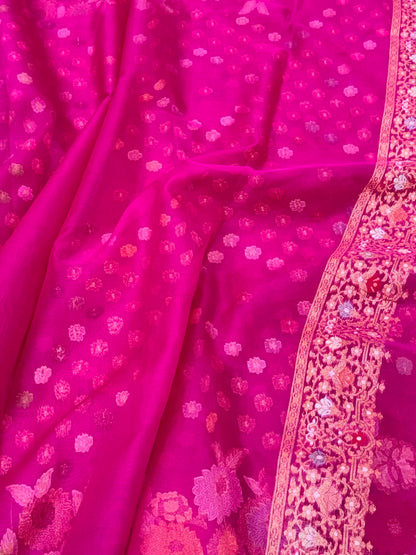 Fuchsia Pink Pure Kora Silk Jamdani | Ektara Technique | Handloom Banarasi Saree - The Banarasi Muse