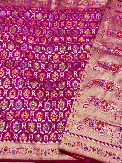 Rani Pink Pure Katan Silk - Pure Mulberry Silk Handloom vintage Banarasi Saree