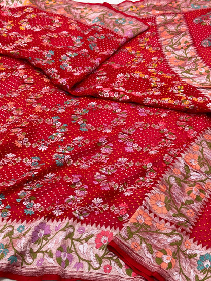 Red Pure Chiffon Georgette Handloom Authentic Banarasi Bandhej Saree - Heritage In A New Light