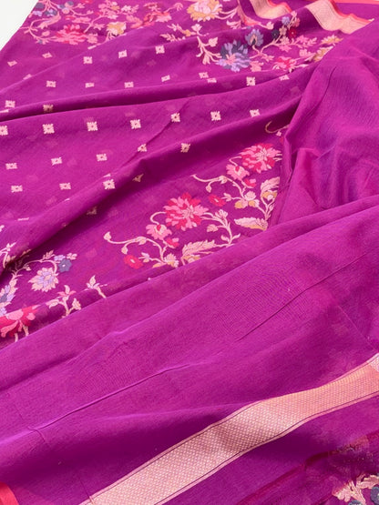 Magenta Purple Pure Muslin Cotton Jamdani Handloom Banarasi Saree |Ektara Weave|