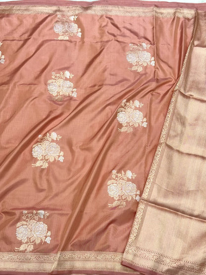 Peach Pure Mulberry Silk Saree | Kadhwa + Ektara Technique | Pure Katan Silk Handwoven Banarasi Saree