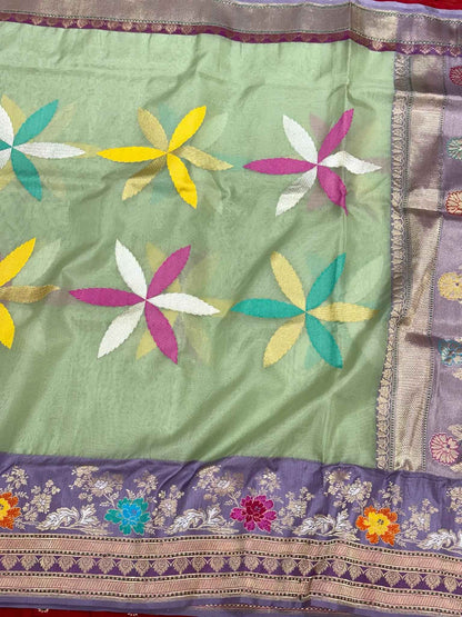 Pista Green Pure Kora Silk Ektara Saree - Pure Mulberry Silk | Kadhwa Weaving Modern Contemporary Banarasi Silk Saree