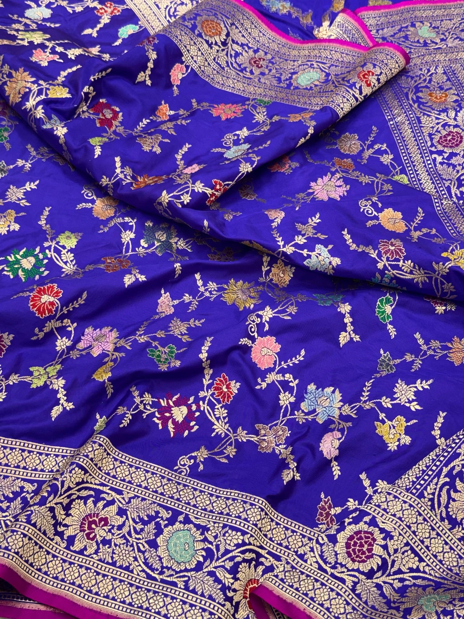 Blue Handwoven Luxury Banarasi Saree - Pure Mulberry Double Katan Silk Banarasi Saree | Kadhwa Weave |