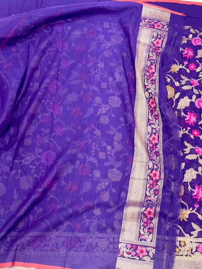 Purple Pure Muslin Cotton Jamdani Ektara Weave Handloom Banarasi Saree