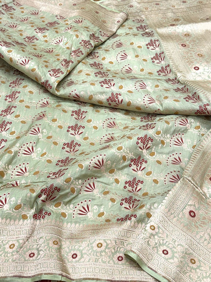 Light Pista Green Pure Katan Mulberry Silk Handloom Authentic Banarasi Saree - Meenakari Banarasi Saree