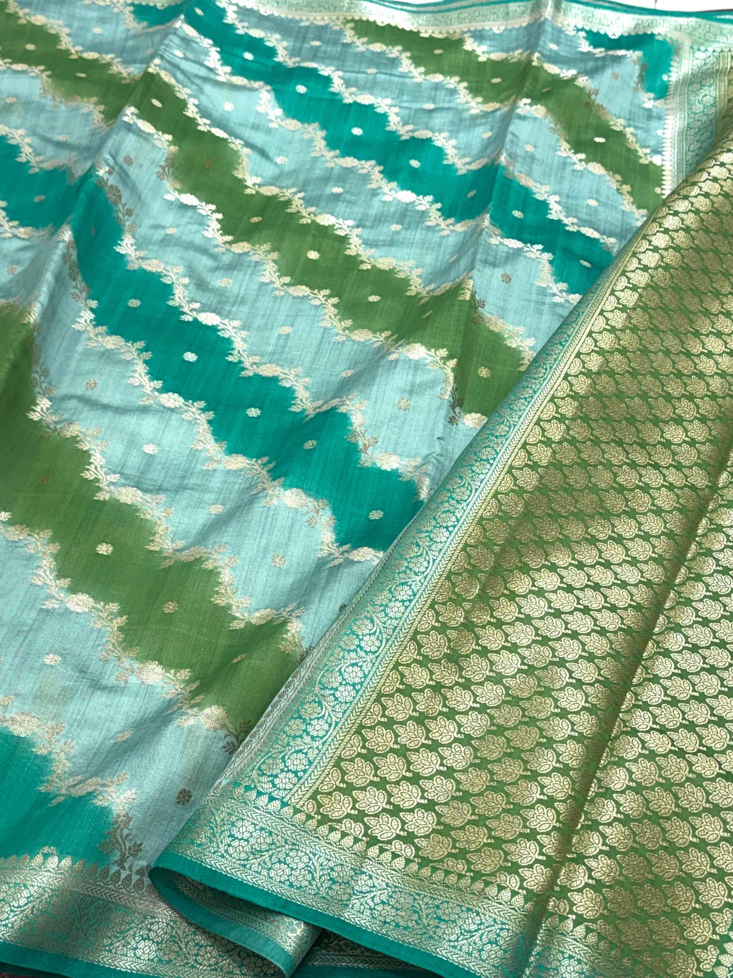 Sea Green Pure Mulberry Chiniya Silk Handloom Banarasi Saree - Rangkat Style