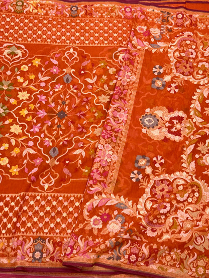 Orange Exclusive Ektara Jamdani Handloom Banarasi Saree | Pure Muslin Cotton Contemporary Banarasi Saree