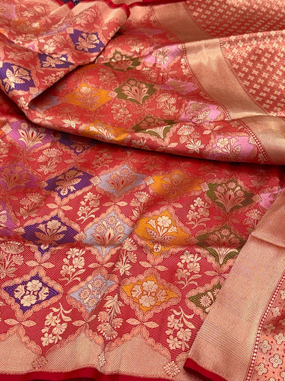 Red Pure Katan Mulberry Silk Handloom Banarasi Saree - Modern Rangkaat Saree