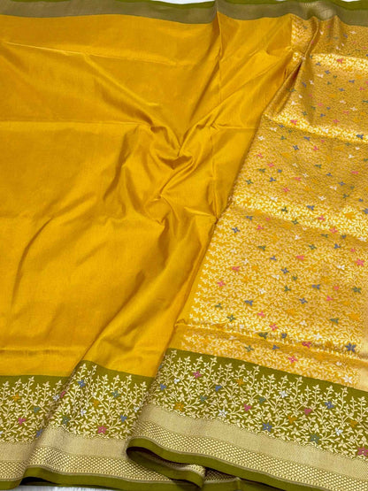 Mustard Yellow Katan Silk Pure Handwoven Saree