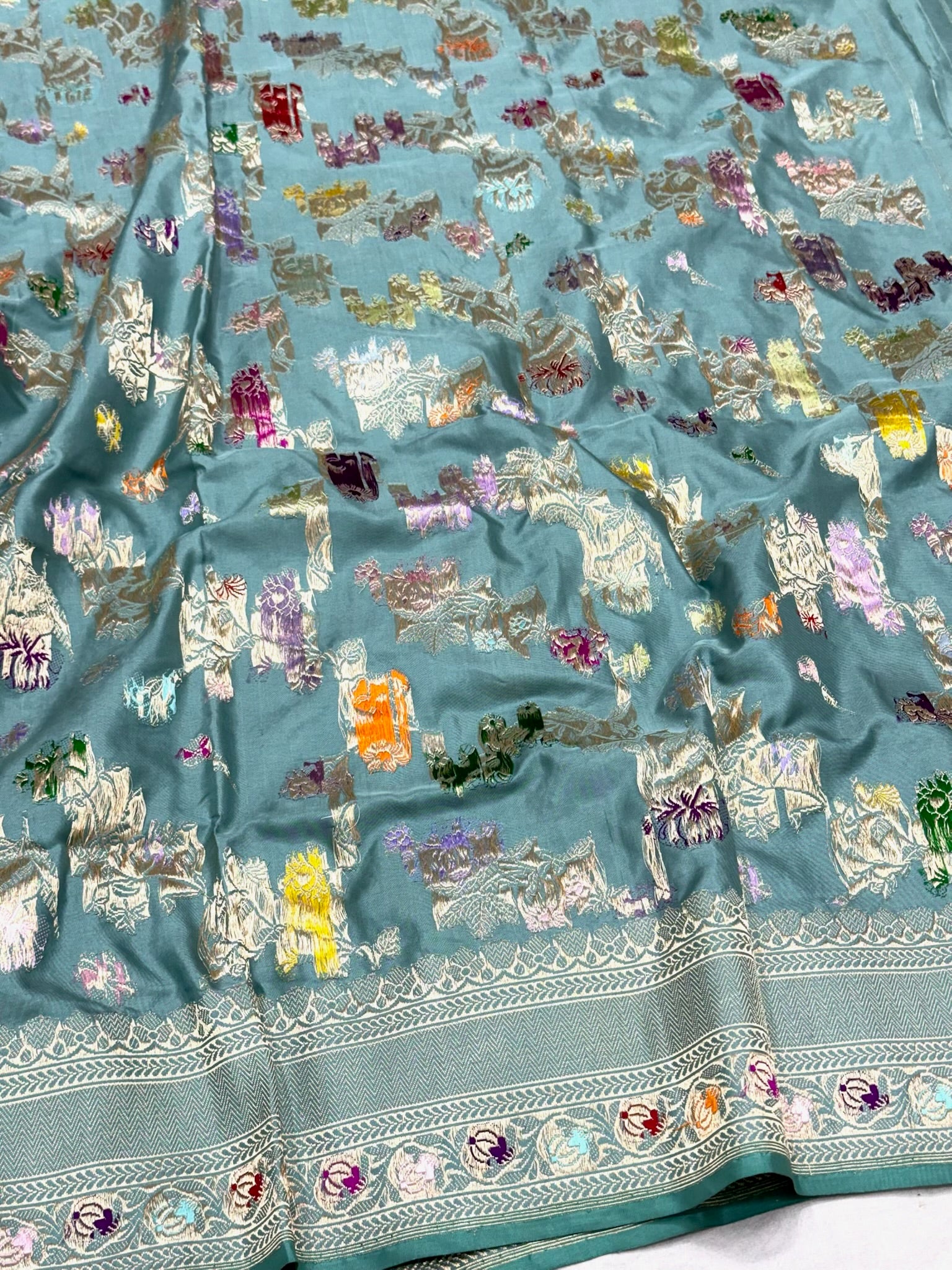 Dusty Teal Green Luxury Banarasi Saree | Pure Mulberry Silk & Pure Double Katan Silk - Kadhwa Banarasi Saree