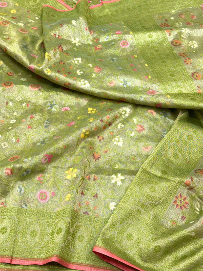 Green Pure Muslin Cotton Tissue Silk Jamdani Handloom Modern Banarasi Lightweight Saree