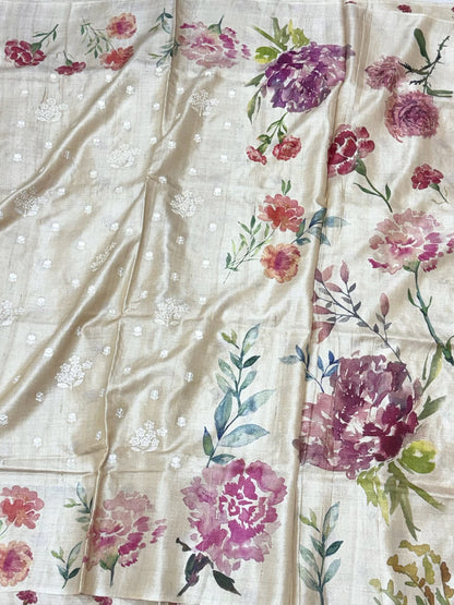 Ivory Pure Tussar Silk Handloom Printed with Embroidery Banarasi Saree