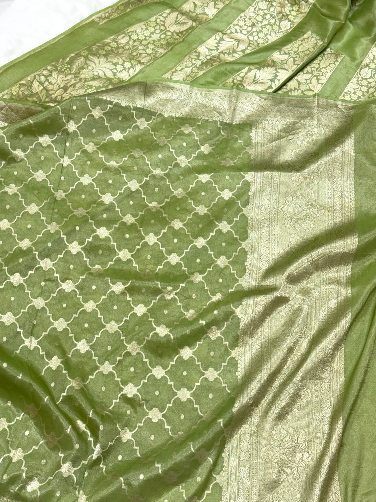Pista Green Katan Tissue Pure Handwoven Lahenga