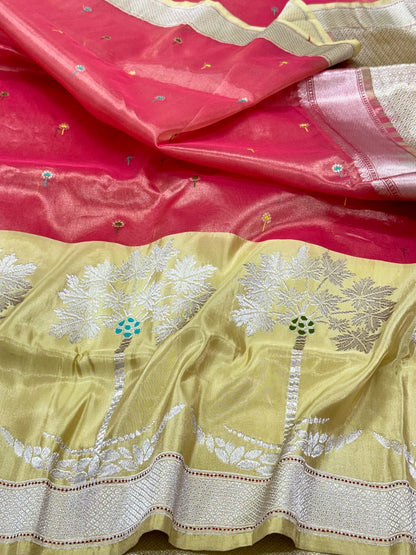 Raspberry Pink Pure Mulberry Kora Tissue Silk | Kadhwa Weave | Handwoven Modern Contemporary Banarasi Saree