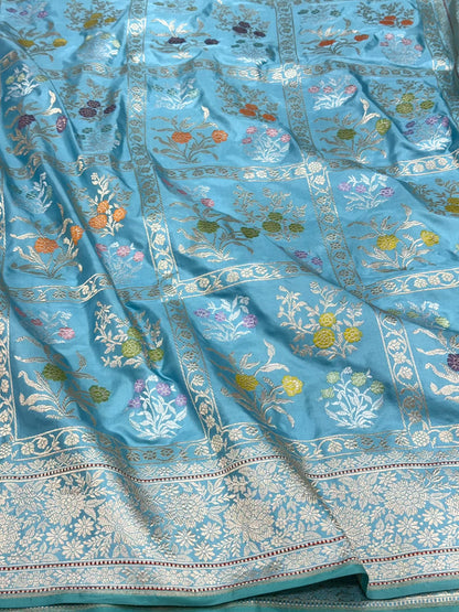 Baby Blue Pure Mulberry Double Katan Silk | Kadhwa Technique | Handwoven Luxury Banarasi Saree