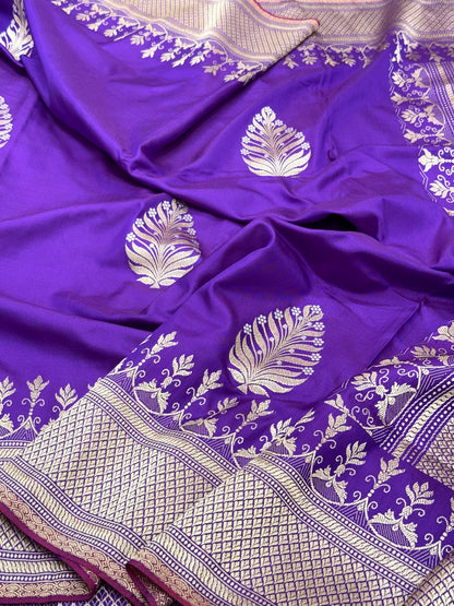 Purple Pure Mulberry Katan Silk Handwoven Authentic Banarasi Saree - Kadhwa Technique