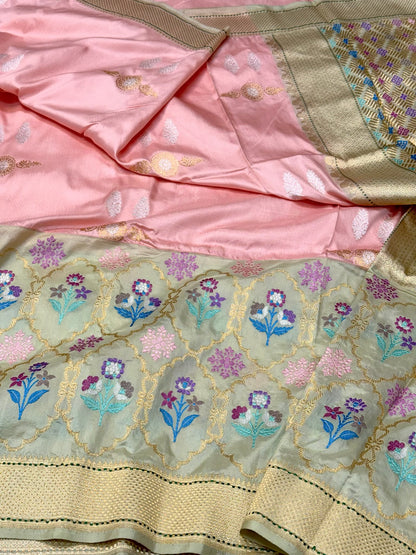 Baby Pink/ Pastel Pista Green Authentic Premium Banarasi Saree - Pure Katan Mulberry Silk | Kadhwa + Ektara + Kadhiyal Technique | Handwoven Saree