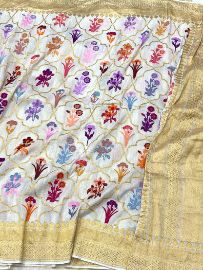 Ivory Pure Tussar Georgette Silk Kadhwa Technique Handwoven Banarasi Saree | Modern Banarasi Muse