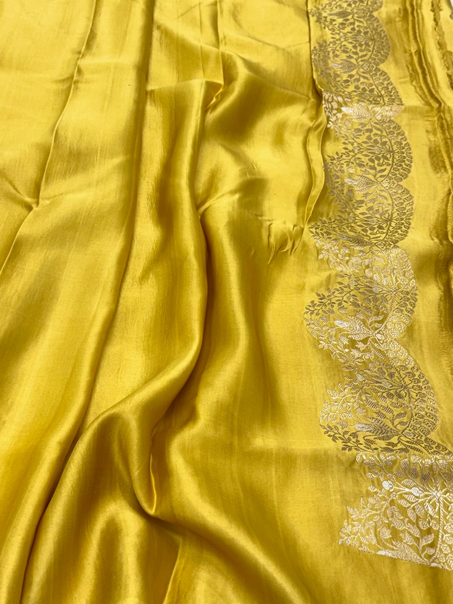 Mustard Yellow Banarasi Saree - Pure Mashru Satin Silk Handwoven Contemporary Banarsi Saree