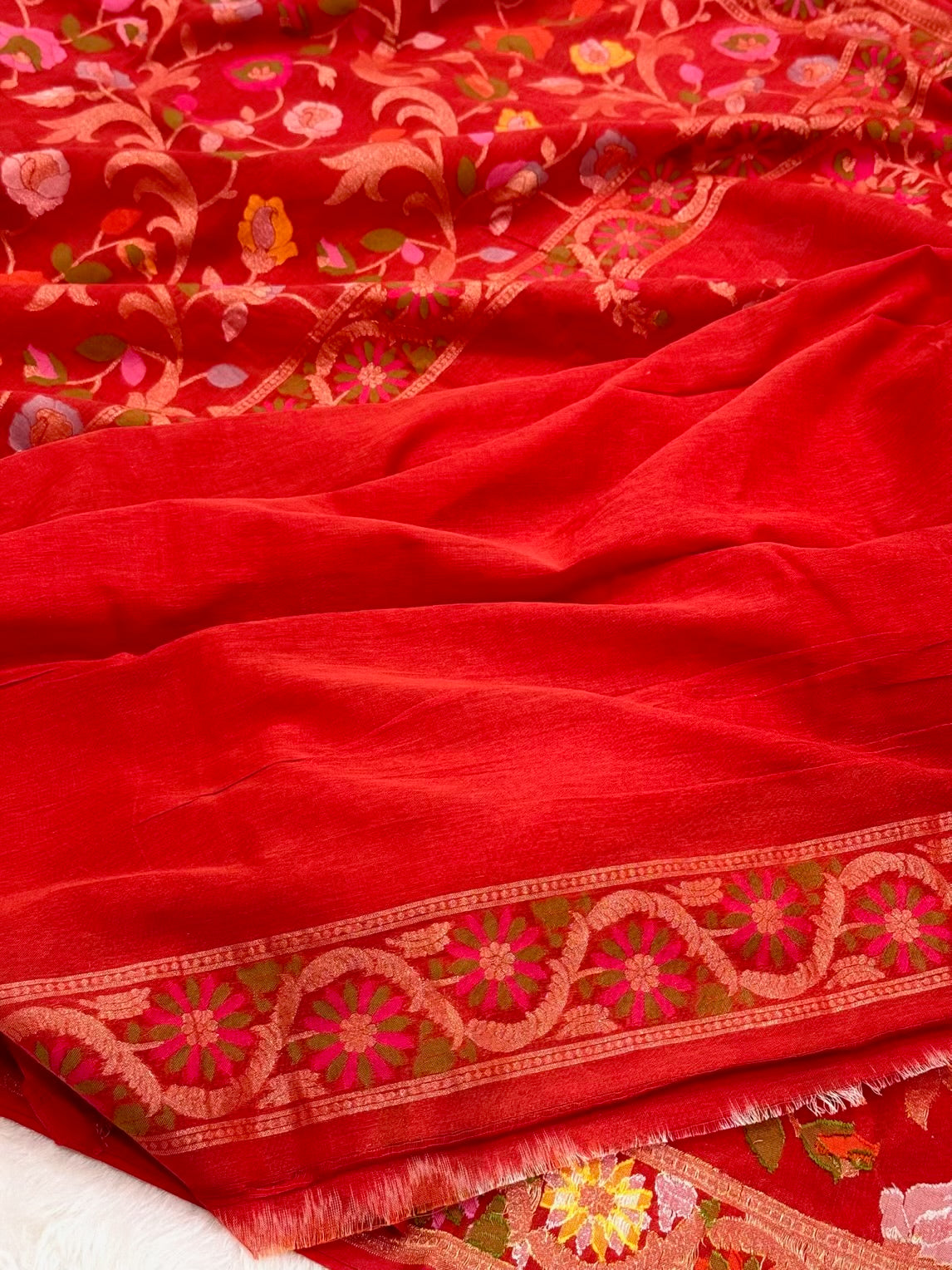 Red Pure Muslin Cotton Jamdani Handloom Banarasi Saree |Ektara Weave|